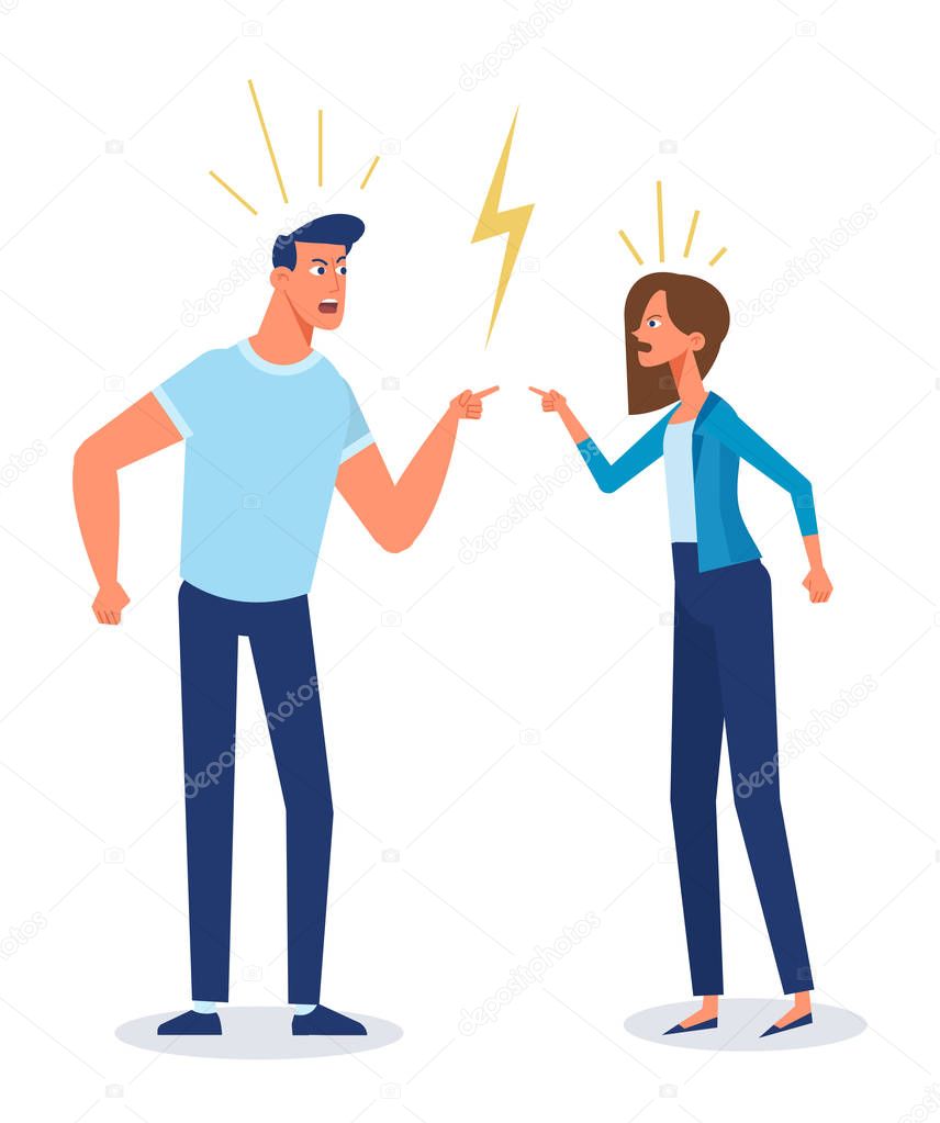 Angry man and woman quarrelling and making a loud public scandal . Vector flat cartoon illustration