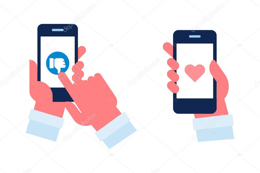 Modern People communication. Like and dislike icon. Hand with phone icon. Flat vector illustration.