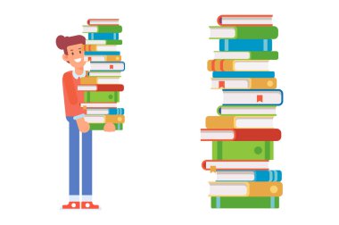 Büyük kitap yığını taşıyan adam. Okuma aşk. Beyaz arka plan üzerinde izole karikatür düz vektör çizim.