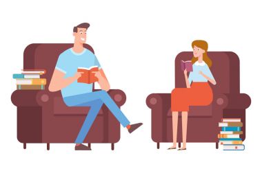 Adam ve kadın bir sandalyede oturuyor kitap okuma. Okuma aşk. Beyaz arka plan üzerinde izole karikatür düz vektör çizim.