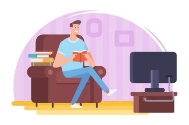 Adam bir sandalyede oturuyor kitap okuma. Okuma aşk. Beyaz arka plan üzerinde izole karikatür düz vektör çizim.