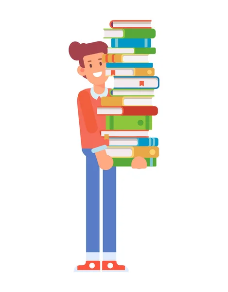 Joven Sosteniendo Montón Libros Educativos Las Manos Encanta Leer Ilustración — Vector de stock