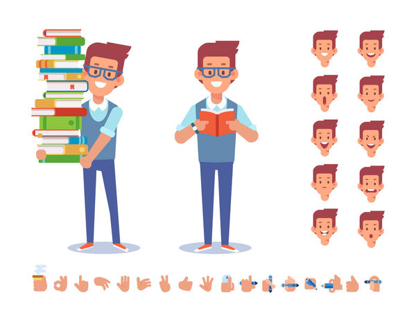 Young Man holding a pile of educational books in hands. Love reading.  Face emotions and gestures vector set. Cartoon flat vector illustration isolated on white background.