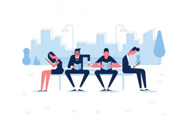 Genç insanlar parkta bankta oturan ve kitap okumak. Düz vektör çizim.