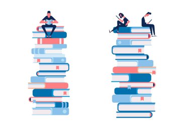 Erkek ve kadın kitap büyük yığını üzerinde oturup kitap okumak. Beyaz arka plan üzerinde izole karikatür düz vektör çizim.