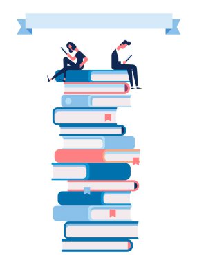 Erkek ve kadın kitap büyük yığını üzerinde oturup kitap okumak. Beyaz arka plan üzerinde izole karikatür düz vektör çizim.