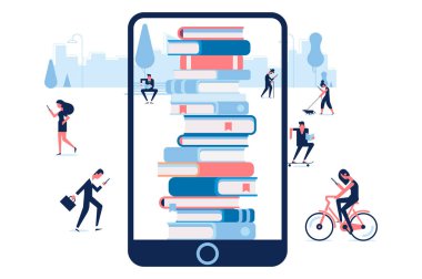 Elektronik Kütüphane içinde hareket eden telefon. Poster ile büyük telefon ve kitaplar aşk okuma kavramı yığını. Vektör düz çizim.