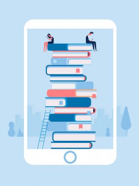 Elektronik Kütüphane içinde hareket eden telefon. Poster ile büyük telefon ve kitaplar aşk okuma kavramı yığını. Vektör düz çizim.