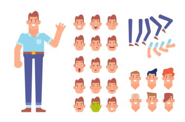 Karakter animasyon için genç adam. Çeşitli yüz duygu ve saç modelleri ile grubu karakter oluşturma. Vücudun farklı bölgelerinde. Karikatür tarzı, düz vektör çizim.
