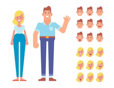 Genç erkek ve kadın karakter animasyon için. Çeşitli yüz duyguları ile ayarlayın. Vücudun farklı bölgelerinde. Karikatür tarzı, düz vektör çizim.