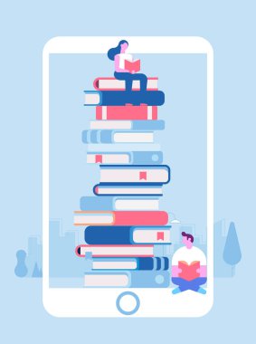 Elektronik Kütüphane içinde hareket eden telefon. Poster ile büyük telefon ve kitaplar aşk okuma kavramı yığını. Vektör düz çizim.