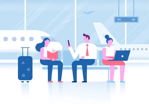 空港ターミナルで座っている人 インフォ グラフィックの要素 ビジネス旅行の概念 フラットのベクトル図 — ストックベクタ