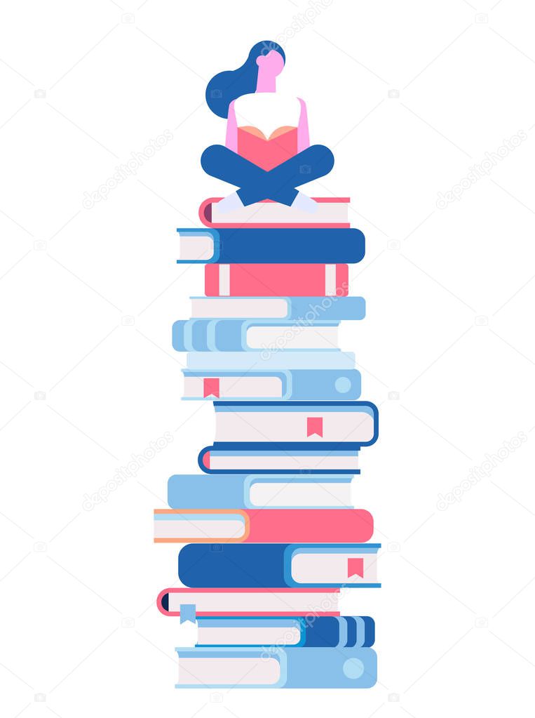 Girl sitting and reading on a huge stack of books. Cartoon flat vector illustration isolated on white background.