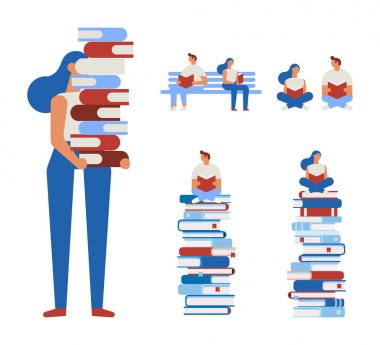 Bir yığın eğitim kitap elinde tutan genç kız. Okuma aşk. Beyaz arka plan üzerinde izole karikatür düz vektör çizim.