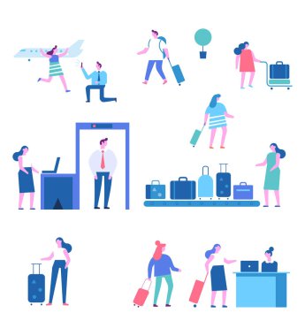 Vektör üzerinde beyaz izole insanlar karakter kümesi. Oturma ve yürüme Havaalanı terminal kadın ve erkek. Infographics öğeleri. Düz vektör çizim.