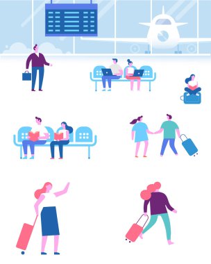 Vektör üzerinde beyaz izole insanlar karakter kümesi. Oturma ve yürüme Havaalanı terminal kadın ve erkek. Infographics öğeleri. Düz vektör çizim.