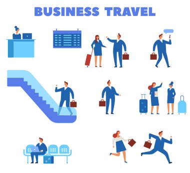 İş seyahat kavramı. Oturma ve yürüme Havaalanı terminal iş adamları. Düz vektör set.