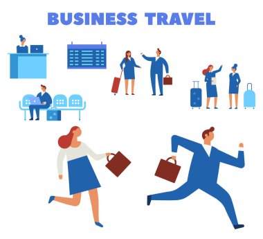 İş seyahat kavramı. Oturma ve yürüme Havaalanı terminal iş adamları. Düz vektör set.