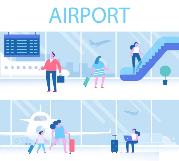 不同的人坐着走在机场候机楼 旅游理念 图表元素 平面矢量集 — 图库矢量图片