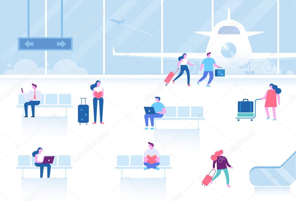 Different people sitting and walking in airport terminal. Travel concept. Infographics elements. Flat vector set.