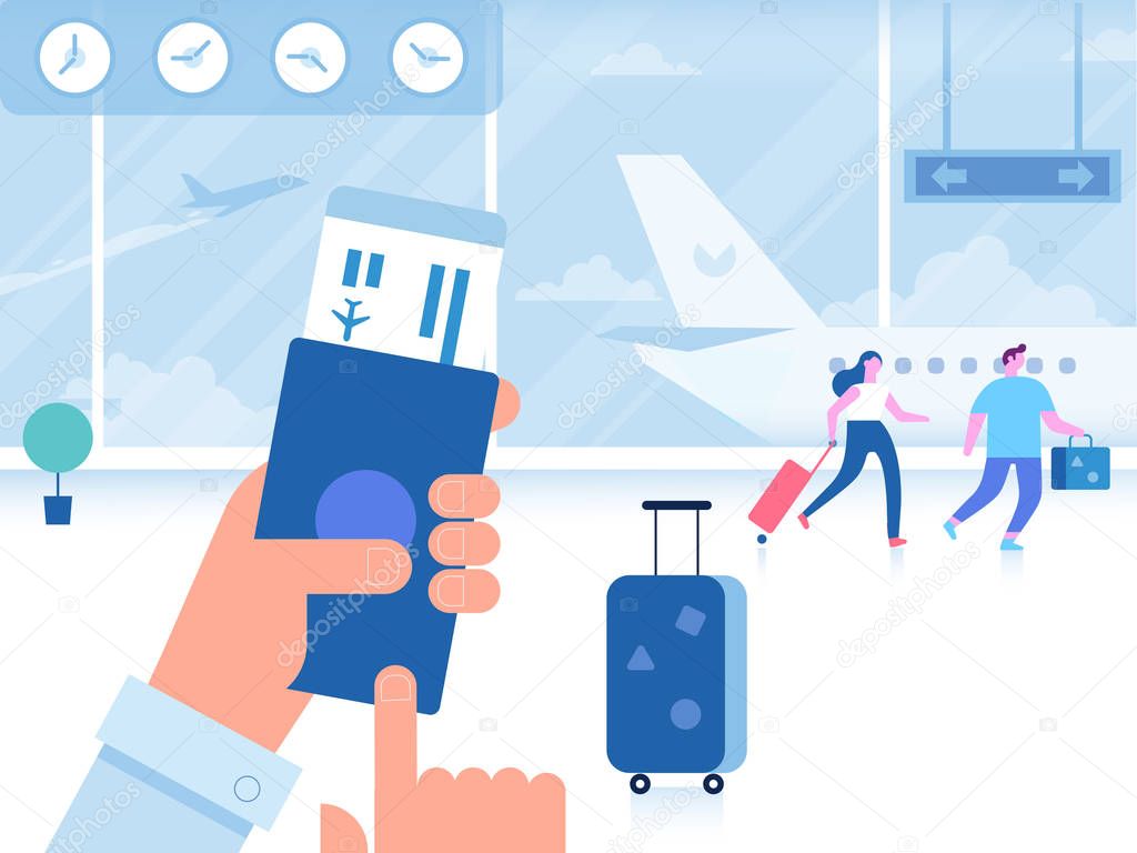 Man with passport and boarding pass waiting flight inside of airport. Airport horizontal Banner - waiting room with people. Travel Concept. Flat Vector Illustration.