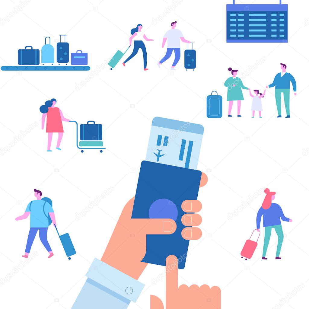 Man with passport and boarding pass waiting flight inside of airport. Airport horizontal Banner - waiting room with people. Travel Concept. Flat Vector Illustration.