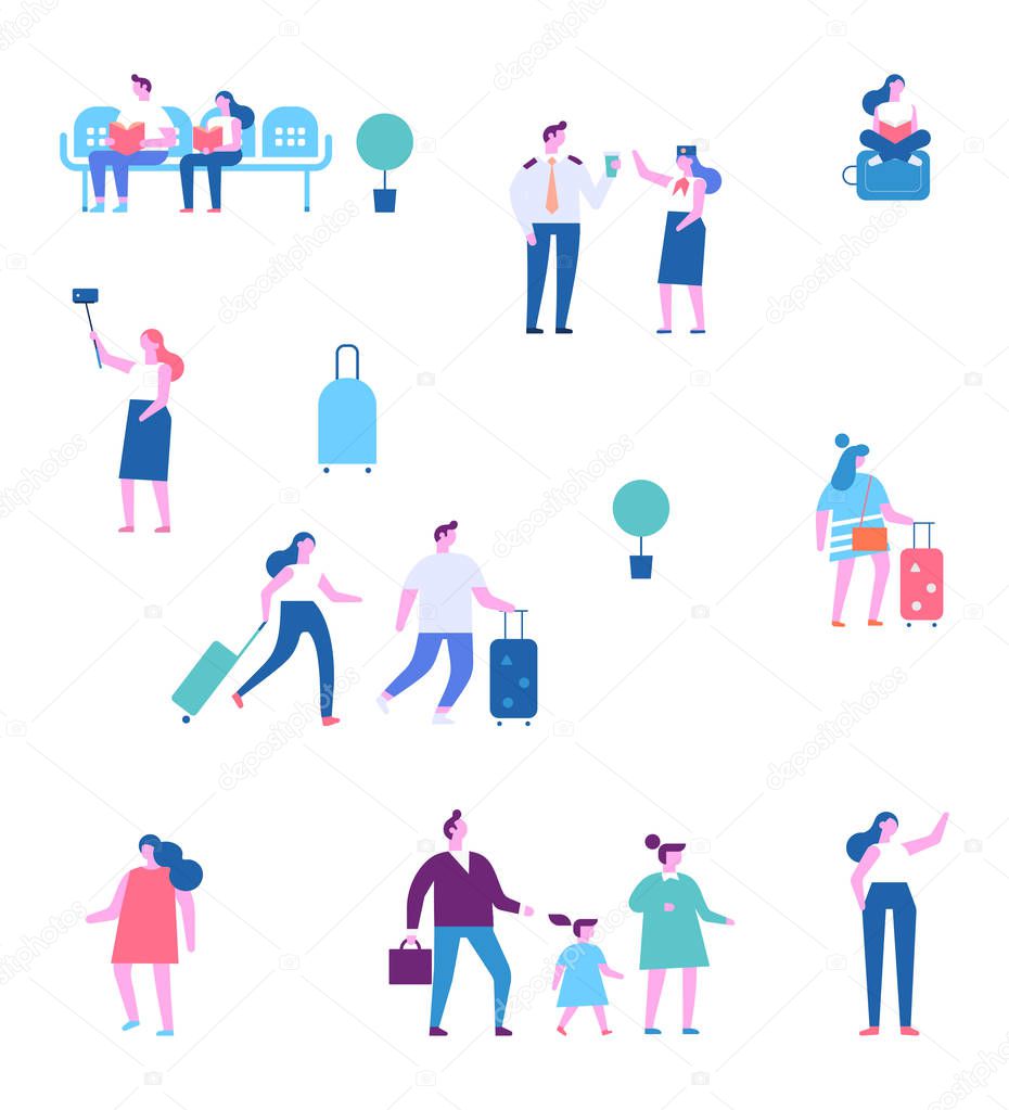 Vector set of people characters isolated on white. Men and women sitting and walking in airport terminal. Infographics elements. Flat vector illustration.