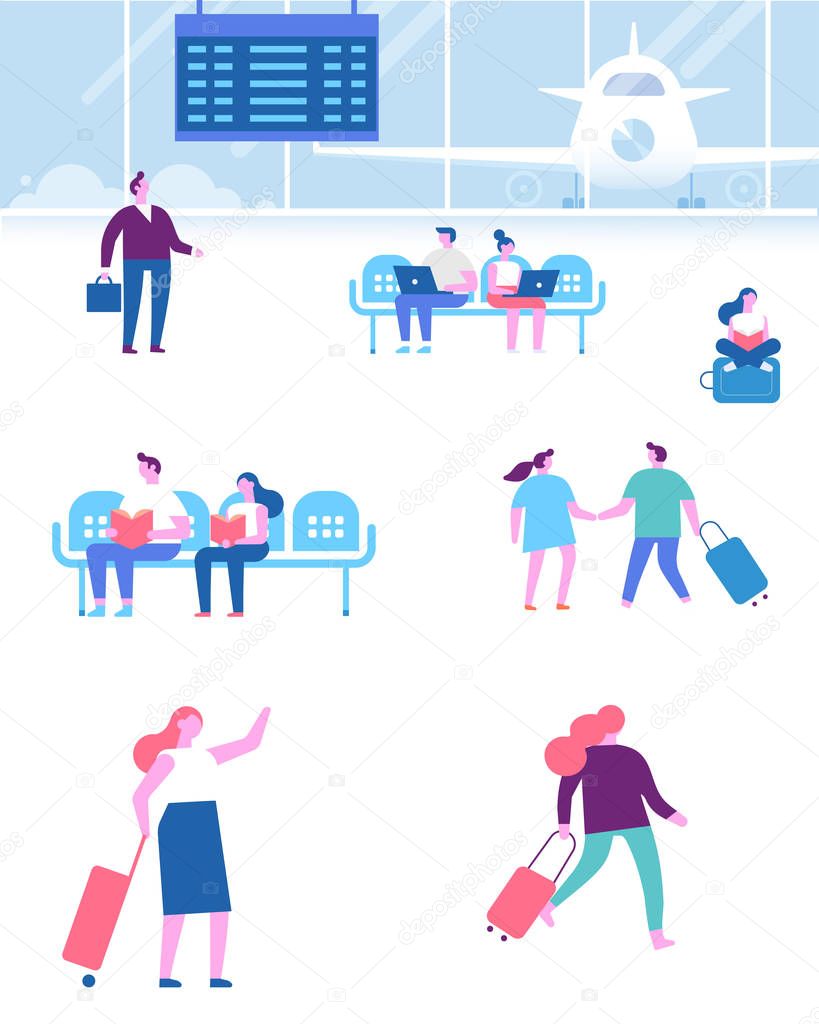 Vector set of people characters isolated on white. Men and women sitting and walking in airport terminal. Infographics elements. Flat vector illustration.