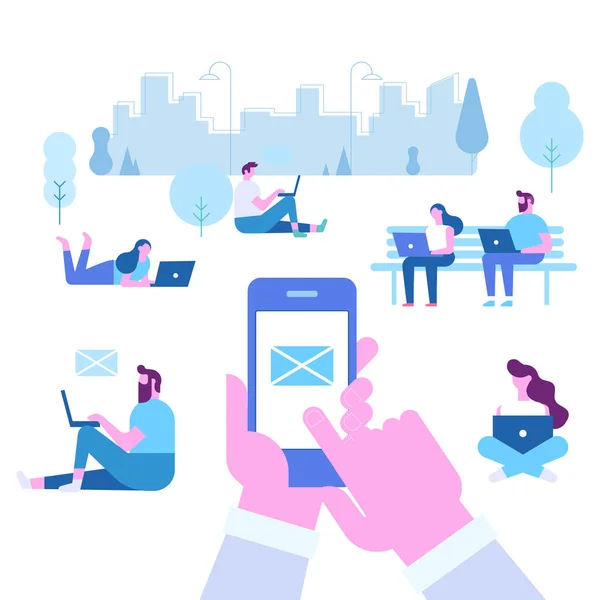 Mänsklig Hand Håller Smart Telefon Med Messenger App Flat Illustration — Stock vektor