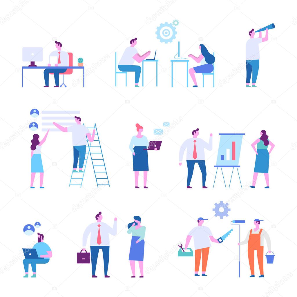 Business people character set.Teamwork. Working together in the company. Brainstorming, searching for new ideas solutions. Flat vector illustration isolated on white.