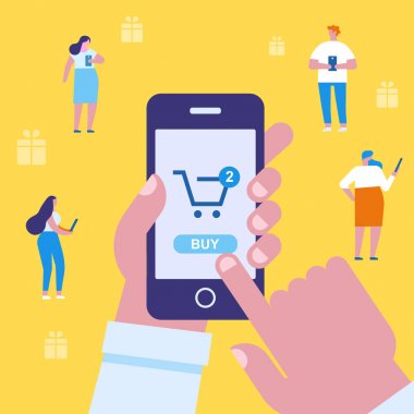 Online alışveriş. İnsan eli istimal hareket eden telefon satın almak için. Farklı insanlar Mobil alışveriş yapmak. Düz vektör karikatür çizim.