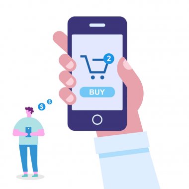 Mobil alışveriş. İnsan eli istimal hareket eden telefon satın almak için. Düz vektör karikatür çizim.