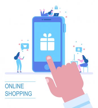 Mobil alışveriş kavramı. Farklı insanların önünde büyük cep telefonu. Düz vektör çizim.