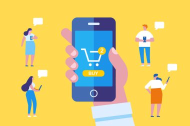 Online alışveriş. İnsan eli istimal hareket eden telefon satın almak için. Farklı insanlar Mobil alışveriş yapmak. Düz vektör karikatür çizim.