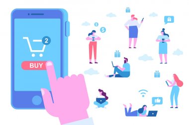 Online alışveriş. İnsan eli istimal hareket eden telefon satın almak için. Farklı insanlar Mobil alışveriş yapmak. Düz vektör karikatür çizim.