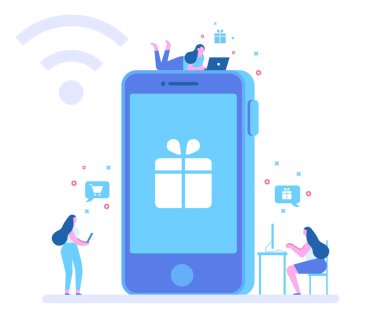 Mobil alışveriş kavramı. Farklı insanların önünde büyük cep telefonu. Düz vektör çizim.