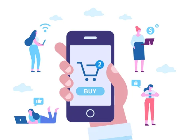 Online Nakupování Lidská Ruka Pomocí Mobilního Telefonu Pro Nákup Různí — Stockový vektor