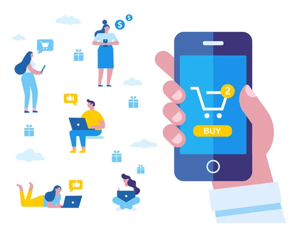 Shopping Online Mano Umana Utilizzando Telefono Cellulare Acquisto Persone Diverse — Vettoriale Stock