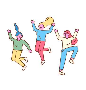 Zıplayan bir grup mutlu genç. Çizgi sanatı karakterleri. Arkadaşlık. Yaşam tarzı, başarı. Asgari Vektör Düz illüstrasyonu. 