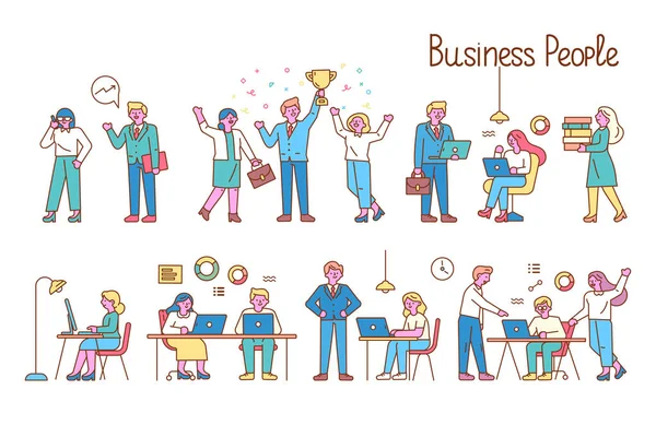 Teamwork Linha Arte Vetor Ilustração Escritório Reunião Pessoas Trabalhar Juntas —  Vetores de Stock