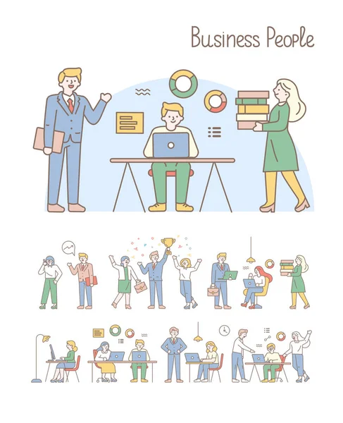 Teamwork Line Art Vector Set Office Workplace Business Meeting People — Stock Vector
