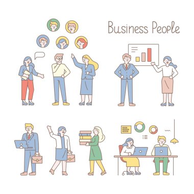 Takım çalışması çizgisi sanat vektörü ayarlandı. Ofis işyeri, iş toplantısı. Ofiste birlikte çalışan insanlar. Düz vektör illüstrasyonu.