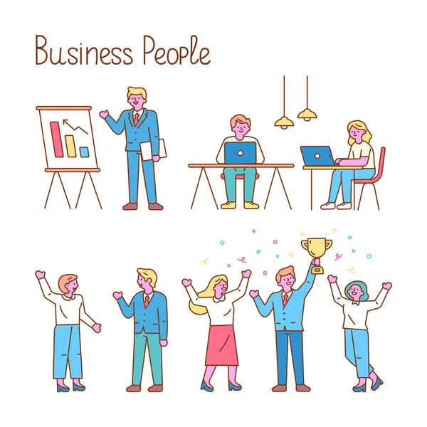 Teamwork Line Art Vector Set Office Workplace Business Meeting People — Stock Vector