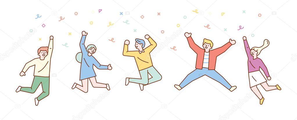 Happy group of young people jumping. Line art characters. Lifestyle, success. Minimal Vector Flat illustration.