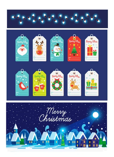 Etiquetas Navidad Colección Vector Conjunto Noche Nevada Acogedor Panorama Ciudad — Vector de stock