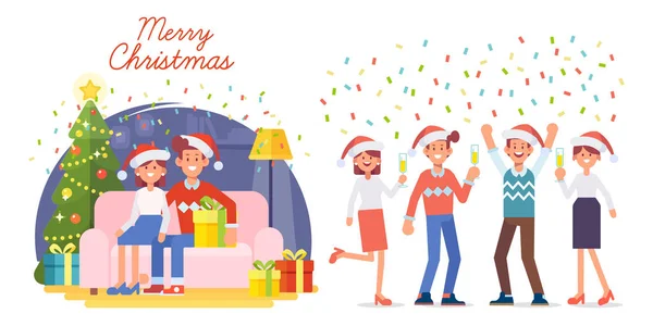 快乐的人庆祝新年 在圣诞树旁的一对快乐的夫妇 乐于助人的朋友 圣诞快乐 新年快乐 卡通风格的矢量图解 — 图库矢量图片