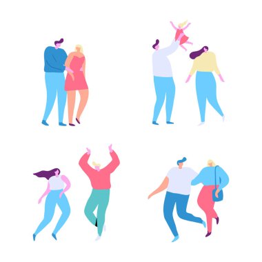 Vektör çizgi film çifti birlikte yürüyor. Çiftler, aşıklar. Düz vektör çizimi beyaz üzerine izole edildi.