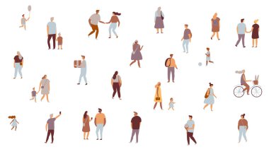 Düz insanlar, vektör karakterler. Erkekler ve kadınlar, gençler, ebeveynler, çiftler. Kalabalık.