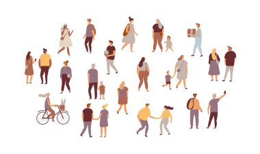 Düz insanlar, vektör karakterler. Erkekler ve kadınlar, gençler, ebeveynler, çiftler. Kalabalık.