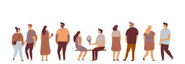 Küçük insanlar düz vektör yatay pankart. Erkekler ve kadınlar, gençler, ebeveynler. Kalabalık.